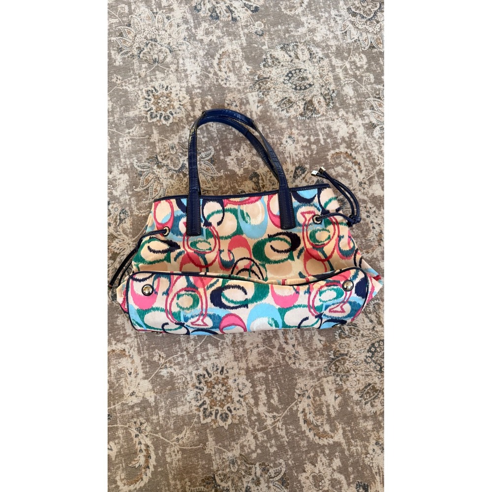 Coach Poppy Graffiti Print Tote Shoulder Bag Navy Blue Leather Trim - Picture 4 of 8